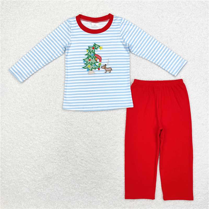 BLP0772Stripe Christmas tree top red pants boys clothing set