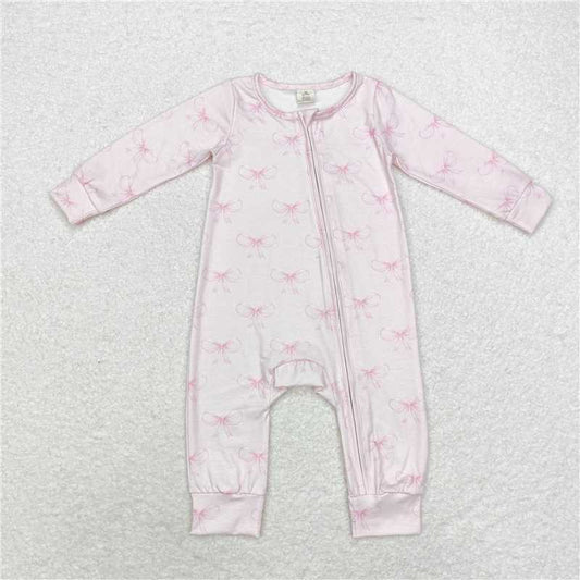 LR1579Pink bow long sleeves baby girls bamboo zipper sleeper