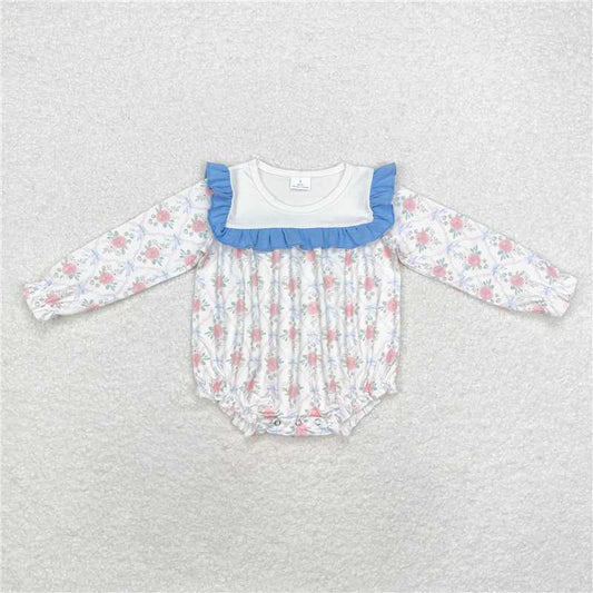 LR1412Light blue ruffle long sleeves floral baby girls romper