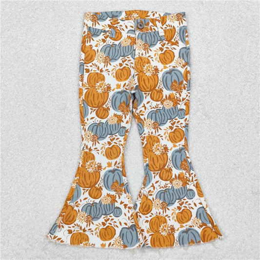 P0487  Baby Girls Fall Pumpkin Flowers Denim Pants Jeans