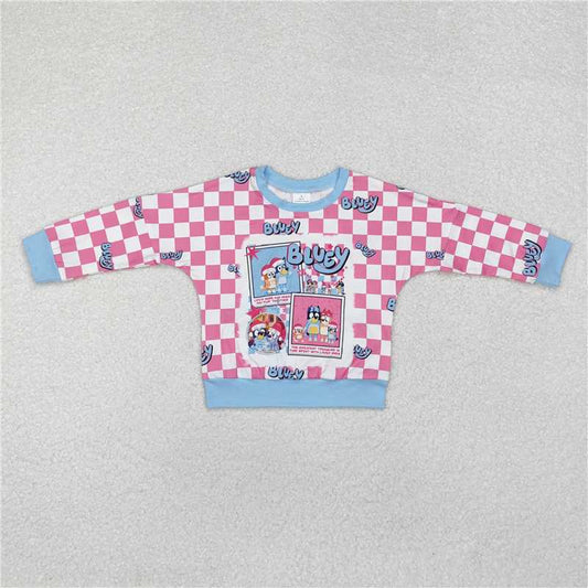 11.19 RTS NO MOQ （In stock）GT0732 Baby Girls Christmas Blue Checkered Dog Long Sleeve Tee Shirts Tops