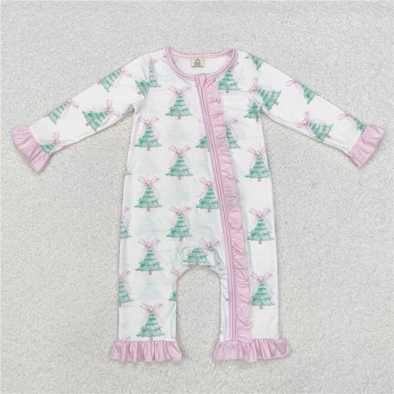 12.1 RTS NO MOQ （In stock）LR1518 Baby Infant Girls Christmas Tree Pink Bows Bamboo Zip ompers