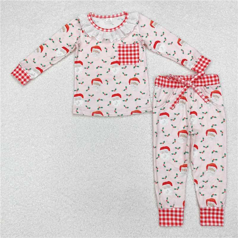 GLP1213 Modal Santa Claus red and white plaid pocket pink long-sleeved trousers pajamas set
