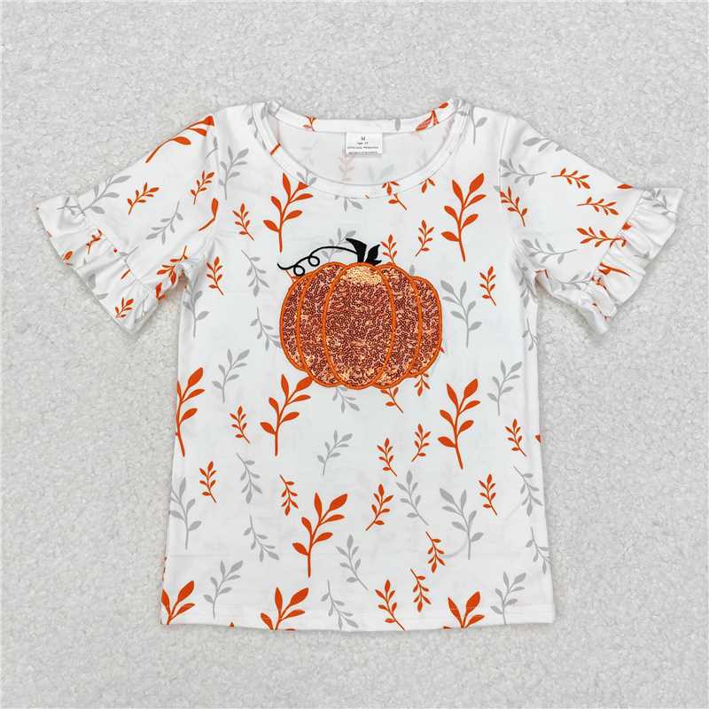 GT0824 Baby Girls Orange Sequin Pumpkin Short Sleeve Top Preorder