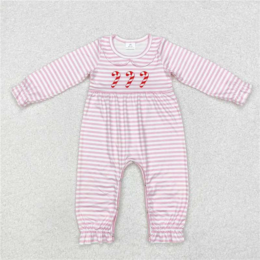 11.29 RTS NO MOQ （In stock）LR1441 Baby Infant Girls Christmas Candy Cane Pink Long Sleeve Rompers