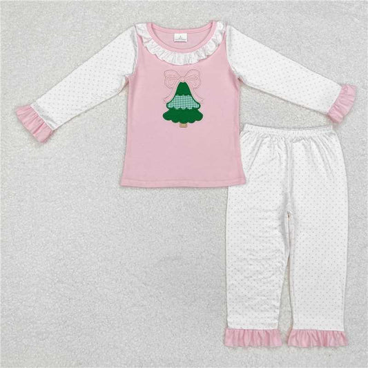GLP1628 Embroidered Christmas tree bow polka dot lace pink and white long-sleeved trousers pajama set