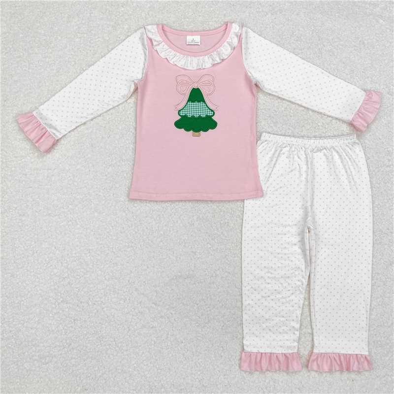 12.8 RTS NO MOQ （In stock）GLP1628 Baby Girls Christmas Tree Bow Shirt Pants Pajamas Clothes Sets