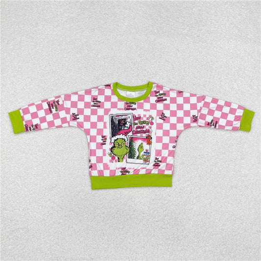 GT0733 Sibling Girls Christmas Green Frog Checkered Rompers Shirts