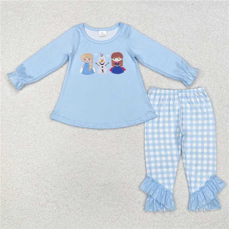 GLP1484Light blue ice princess top plaid leggings girls clothes