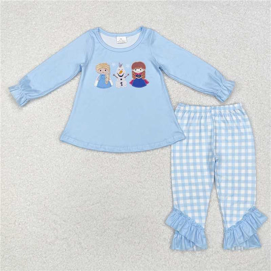 GLP1484Light blue ice princess top plaid leggings girls clothes