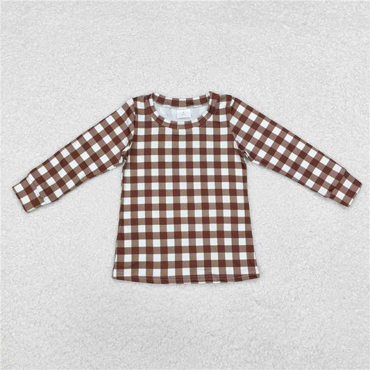 BT0853  Baby Boys Brown Checkered Long Sleeve Tee Shirts Tops
