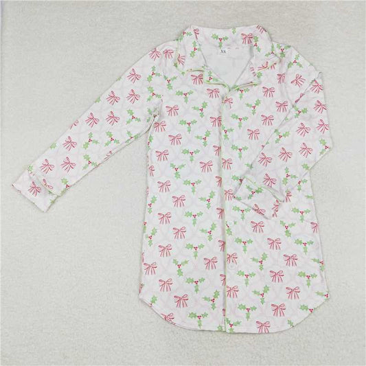 GT0661 Adult Women Christmas Bows Holly Tops Sleep Wear