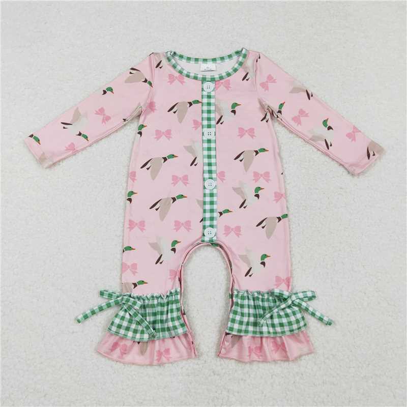LR1689RTS NO MOQ Baby Girls Winter Rompers Green plaid ruffle duck bow baby girls romper