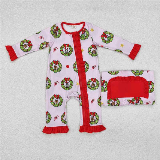 12.1 RTS NO MOQ （In stock）LR1664 Baby Infant Girls Christmas Green Face Zip Rompers