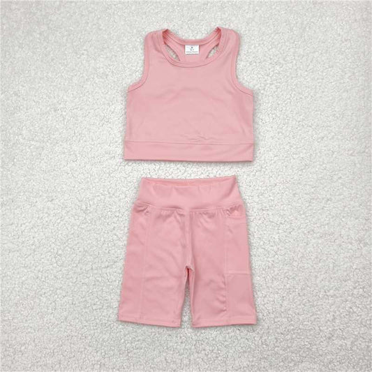 12.18 RTS NO MOQ （In stock）Matching GSSO1518 Baby Girls Pink Vest Top Sports Shorts Clothes Sets