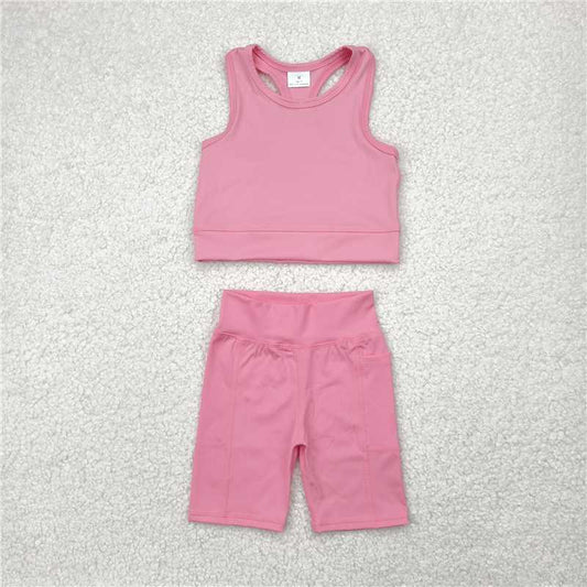 12.18 RTS NO MOQ （In stock）Matching GSSO1516 Baby Girls Pink Athletic Active Wear Top Shorts Clothes Sets