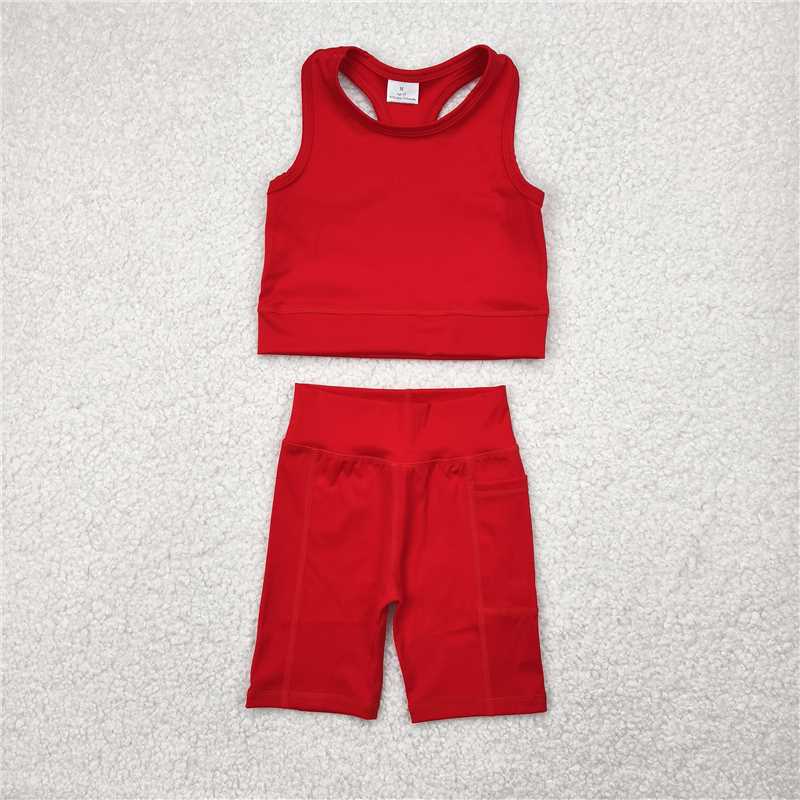 12.18 RTS NO MOQ （In stock）Matching GSSO1519 Baby Girls Red Athletic Active Wear Top Shorts Clothes Sets
