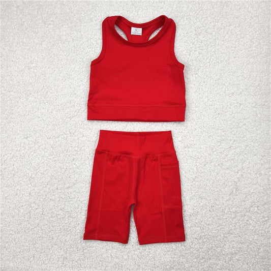 12.18 RTS NO MOQ （In stock）Matching GSSO1519 Baby Girls Red Athletic Active Wear Top Shorts Clothes Sets