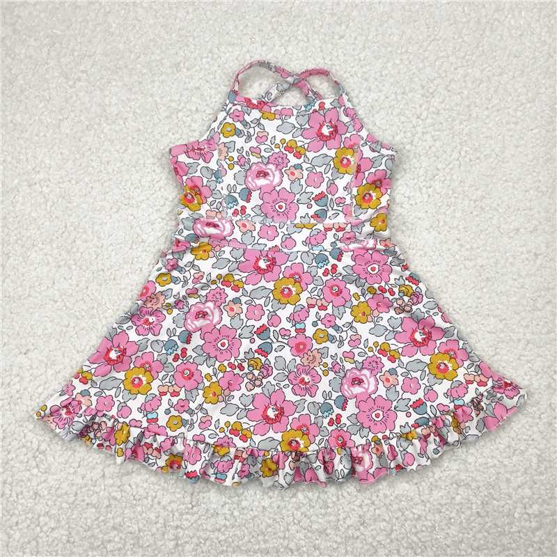USA Warehouse (IN STOCK) GSD2278 Straps pink floral ruffle kids girls athletic dresses
