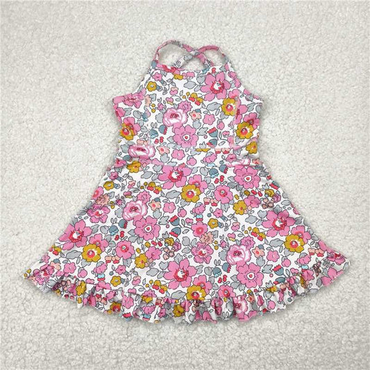 USA Warehouse (IN STOCK) GSD2278 Straps pink floral ruffle kids girls athletic dresses