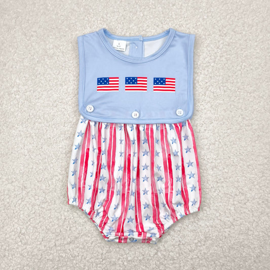 1.5 RTS NO MOQ （In stock）SR3049 4th of July Baby Boys Sleeveless Flags Red Stripe Stars 4th Of July Rompers