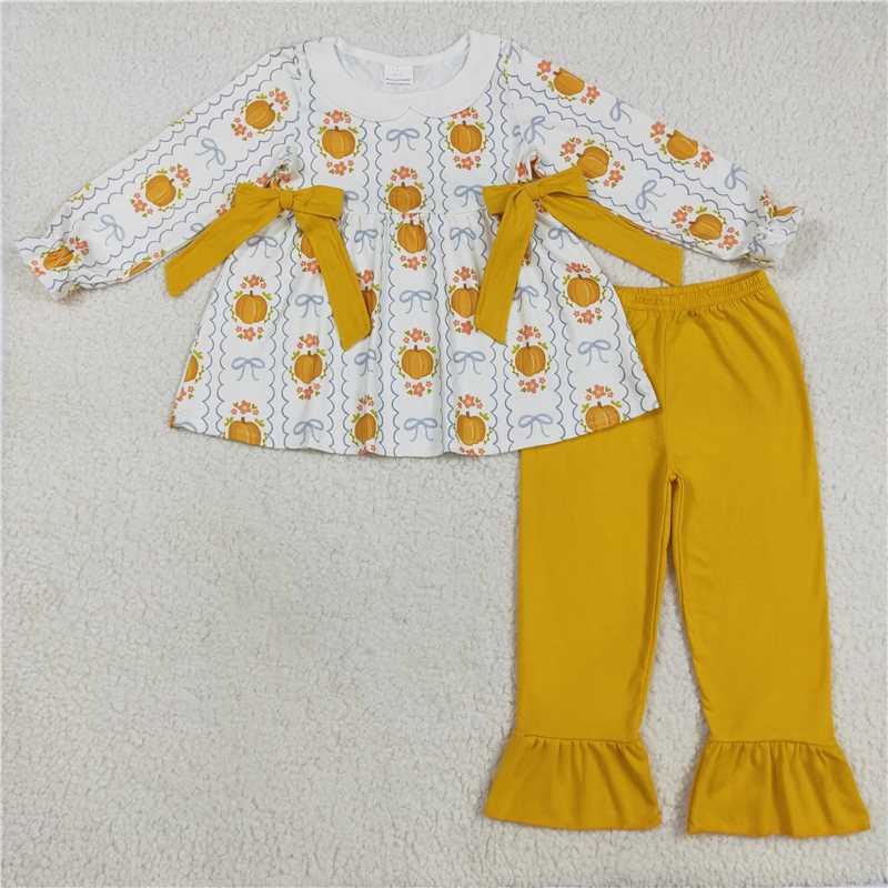 11.10 RTS NO MOQ （In stock） Matching GLP2554 Baby Girls Yellow Pumpkins Bows Plaid Tunic Ruffle Pant Fall Set