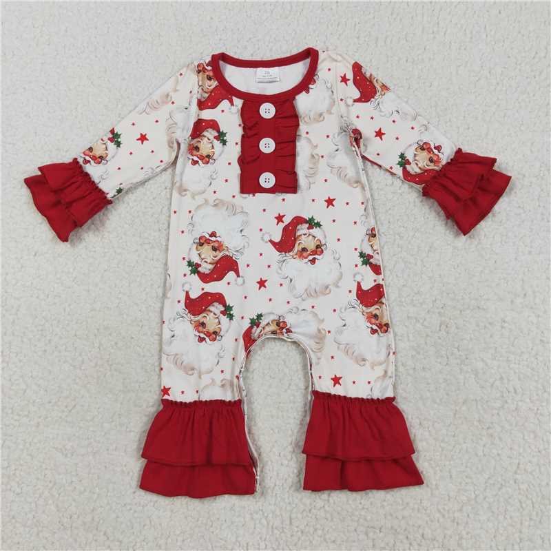 11.27 RTS NO MOQ （In stock）LR2395 Baby Girls Christmas Long Sleeves Santa Stars Button Ruffle Rompers