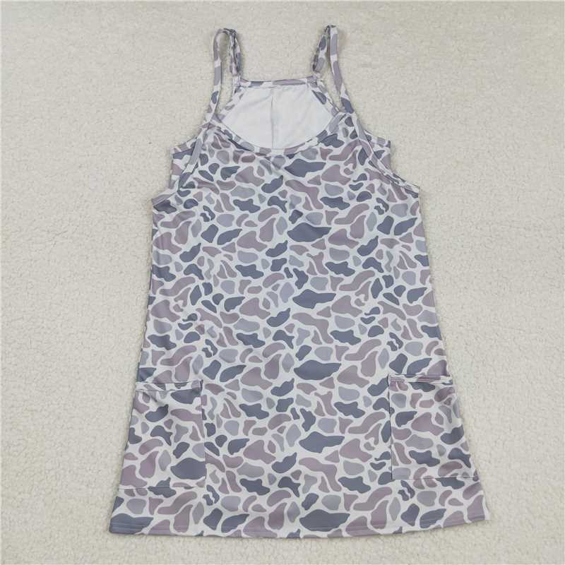 10.18 RTS NO MOQ （In stock）Matching GSD2733 Adult Women Strap Gray Camo Pockets Yoga Shorts Dresses