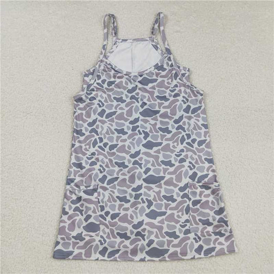 10.18 RTS NO MOQ （In stock）Matching GSD2733 Adult Women Strap Gray Camo Pockets Yoga Shorts Dresses