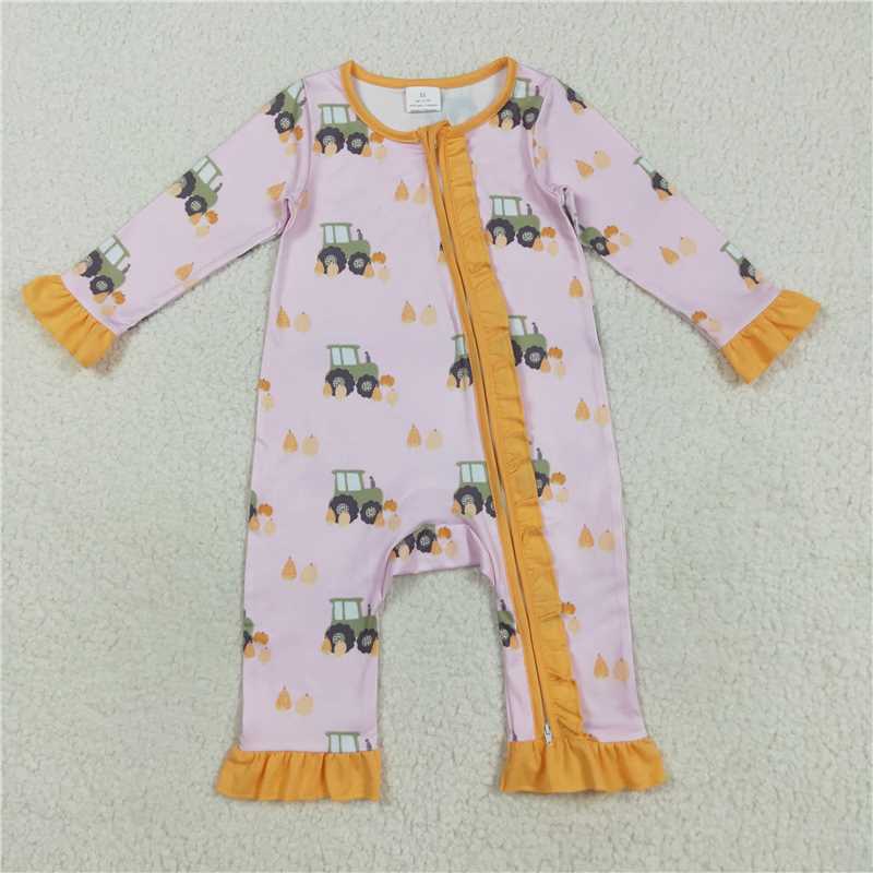 11.10 RTS NO MOQ （In stock）Matching LR2336 Baby Girls Pink Pumpkins Trucks Fall Ruffle Zipper Footie Rompers
