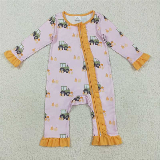 11.10 RTS NO MOQ （In stock）Matching LR2336 Baby Girls Pink Pumpkins Trucks Fall Ruffle Zipper Footie Rompers