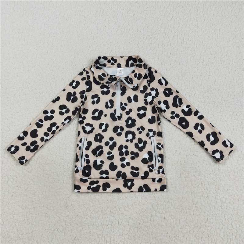 11.7 RTS NO MOQ （In stock）Matching GT1072 Baby Girls Long Sleeves Black Leopard Pockets Zipper Yoga Jackets