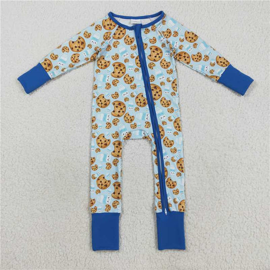 12.6 RTS NO MOQ （In stock）Matching Christmas LR2397 Baby Boys Blue Milk Cookies Christmas Zipper Pant Rompers