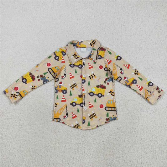 12.12 RTS NO MOQ （In stock）BT1254 Baby Boys Christmas Hats Excavators Button Shirts Top