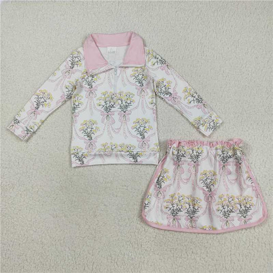 11.24 RTS NO MOQ （In stock）Matching GLD1078 Baby Girls Pink Bows Flowers Plaid Half Zip Pullpvers Skorts Set
