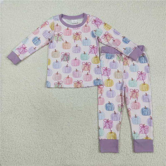 11.10 RTS NO MOQ （In stock） Matching GLP2597 Baby Girls Colorful Bows Pumpkins Top Pant Fall Pajamas Set