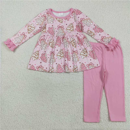 11.26 RTS NO MOQ （In stock）Matching Christmas GLP2471 Baby Girls Pink Christmas Trees Bows Tunic Legging Pant Clothes Set