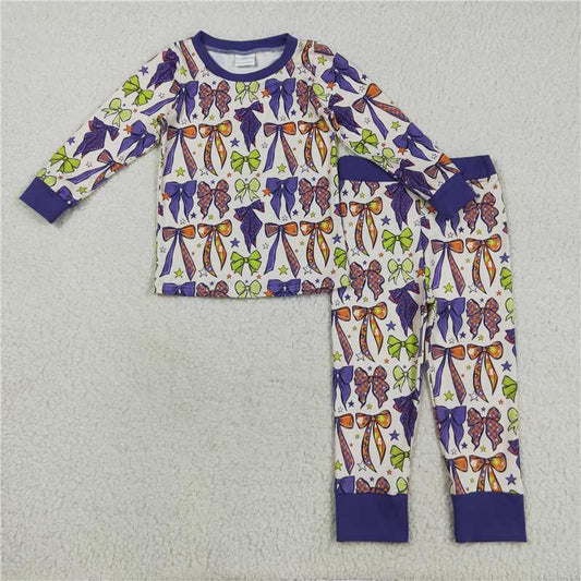 11.19 RTS NO MOQ （In stock）Matching GLP2566 Baby Girls Purple Green Bows Stars Plaid Top Pant Pajamas Set