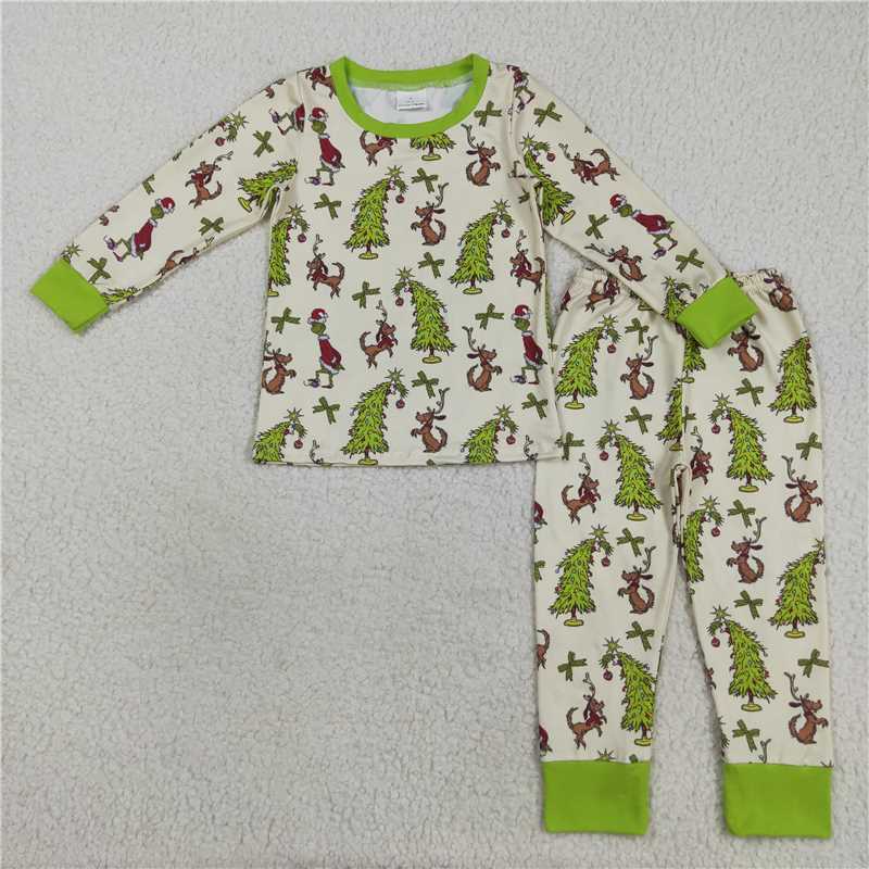 12.5 RTS NO MOQ （In stock）GLP2627 Baby Boys Christmas Trees Dogs Green Face Top Pant Pajamas Se