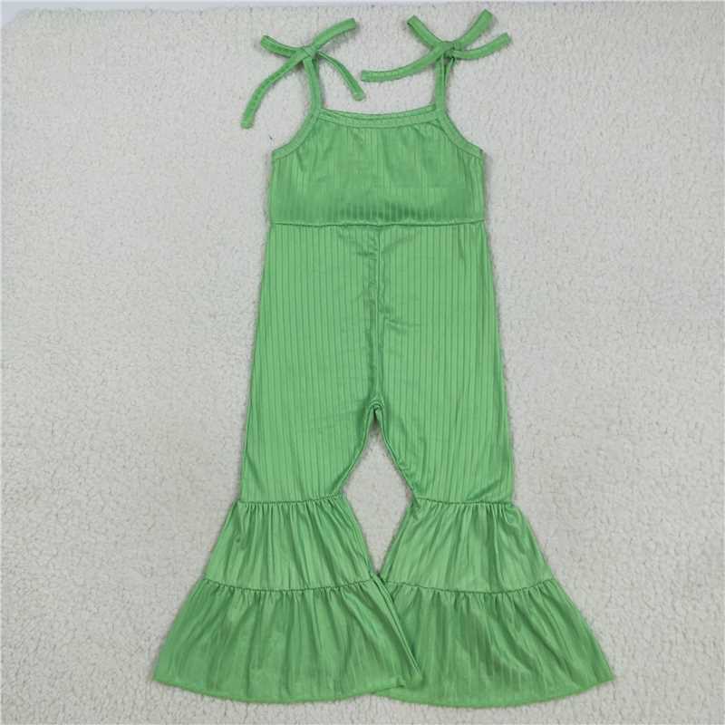 11.18 RTS NO MOQ （In stock）Matching SR3160 Baby Girls Green Strap Bell Bottom Ribbed Jumpsuits
