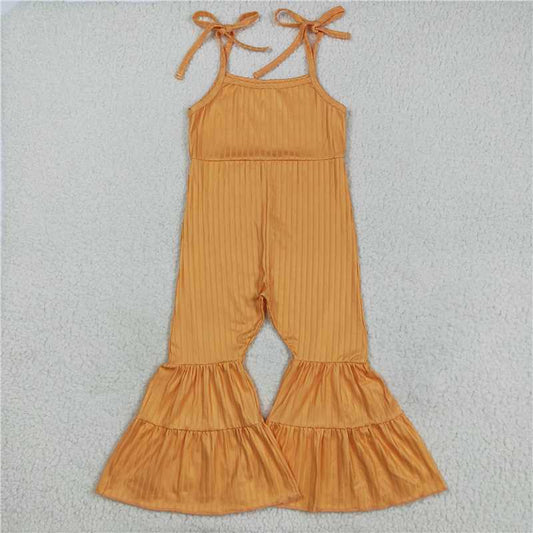 11.18 RTS NO MOQ （In stock）Matching SR3162 Baby Girls Orange Strap Bell Bottom Ribbed Jumpsuits