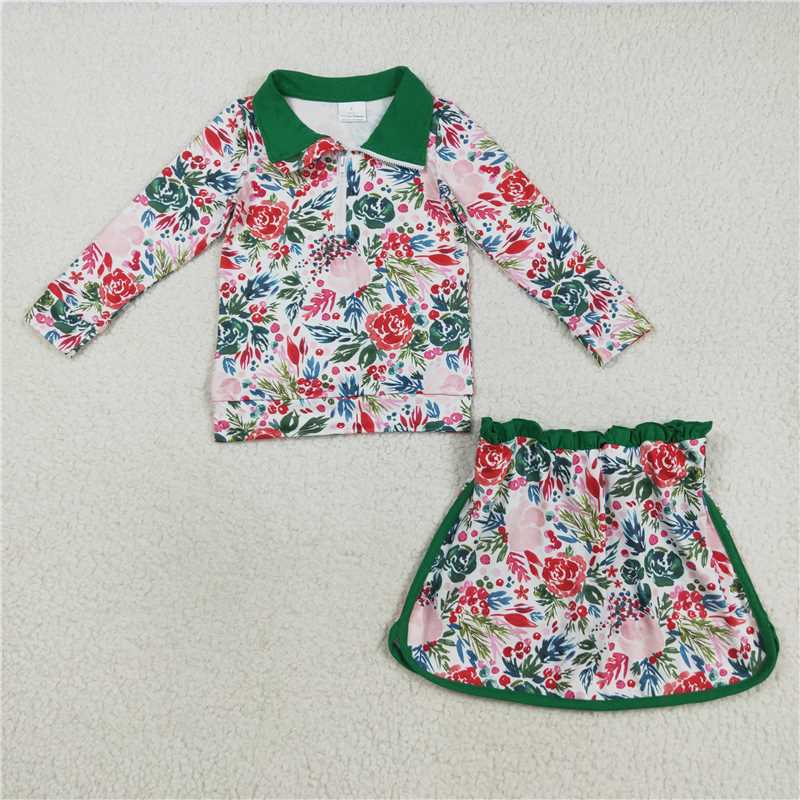 11.24 RTS NO MOQ （In stock）Matching GLD1075 Baby Girls Long Sleeves Green Red Floral Zip Pullovers Top Skorts Clothes Set