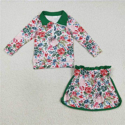 11.24 RTS NO MOQ （In stock）Matching GLD1075 Baby Girls Long Sleeves Green Red Floral Zip Pullovers Top Skorts Clothes Set