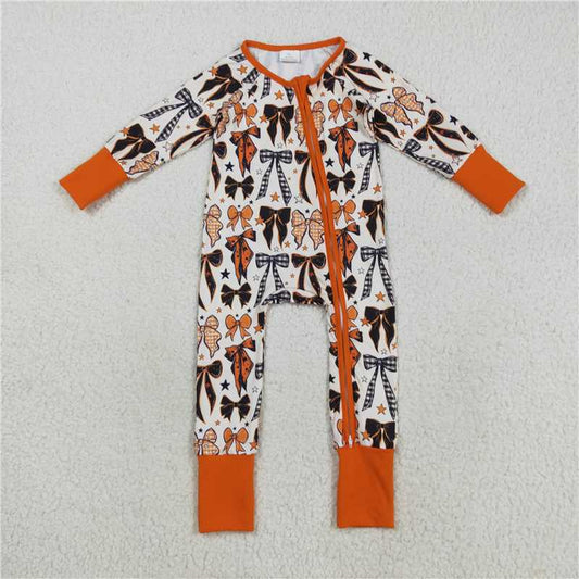 10.21 RTS NO MOQ （In stock） Matching LR2409 Baby Boys Orange Black Bows Stars Halloween Zipper Footie Rompers