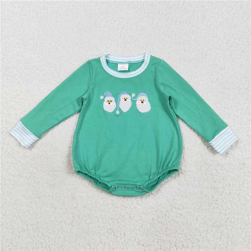 12.8 RTS NO MOQ （In stock）Matching Christmas LR2412 Embroidery Santa Baby Boys Green Christmas Rompers