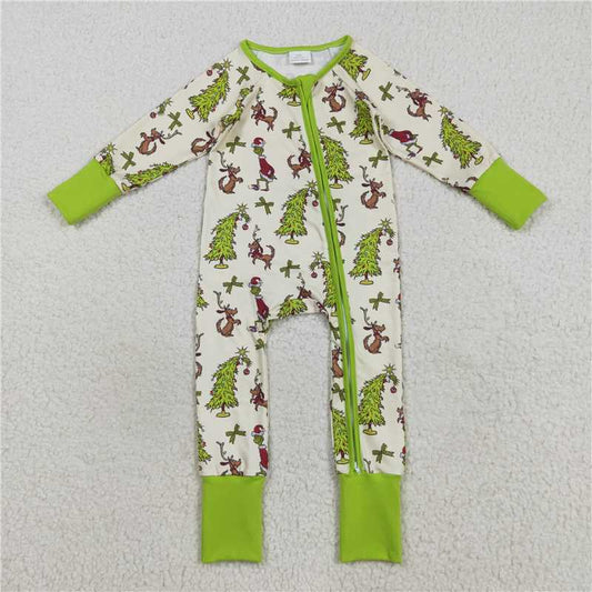 11.11 RTS NO MOQ （In stock）Matching Christmas LR2481 Baby Boys Christmas Trees Green Face Dogs Zipper Footie Rompers