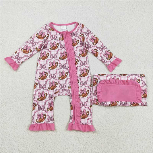10.17 RTS NO MOQ （In stock） Matching LR2361 Baby Girls Pink Bows Footballs Ruffle Zipper Footie Rompers