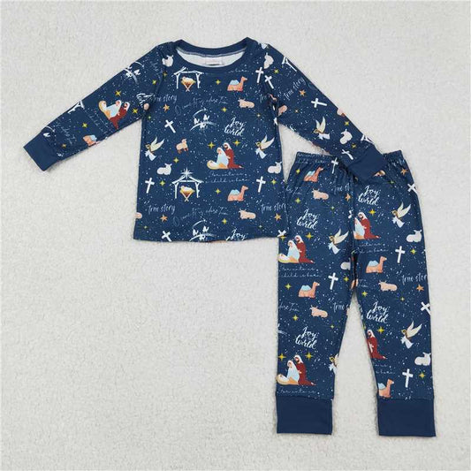 11.4 RTS NO MOQ （In stock）BLP1198 Baby Boys Navy Blue Nativity Top Pant Christmas Pajamas Sets
