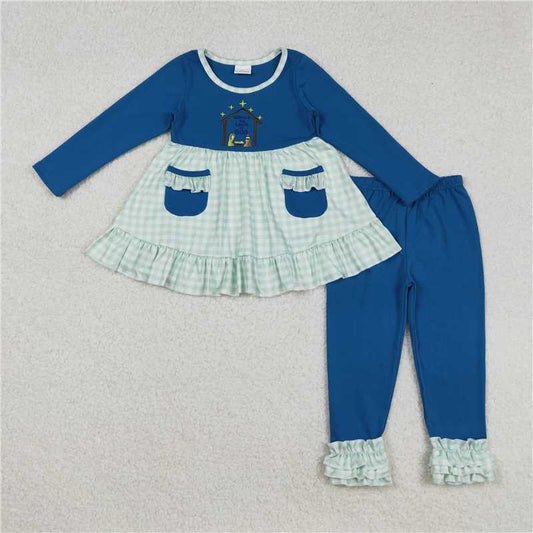 12.8 RTS NO MOQ （In stock）Matching Christmas GLP2625 Embroidery Baby Girls Christmas Nativity Pockets Tunic Ruffle Pants Christmas Sets