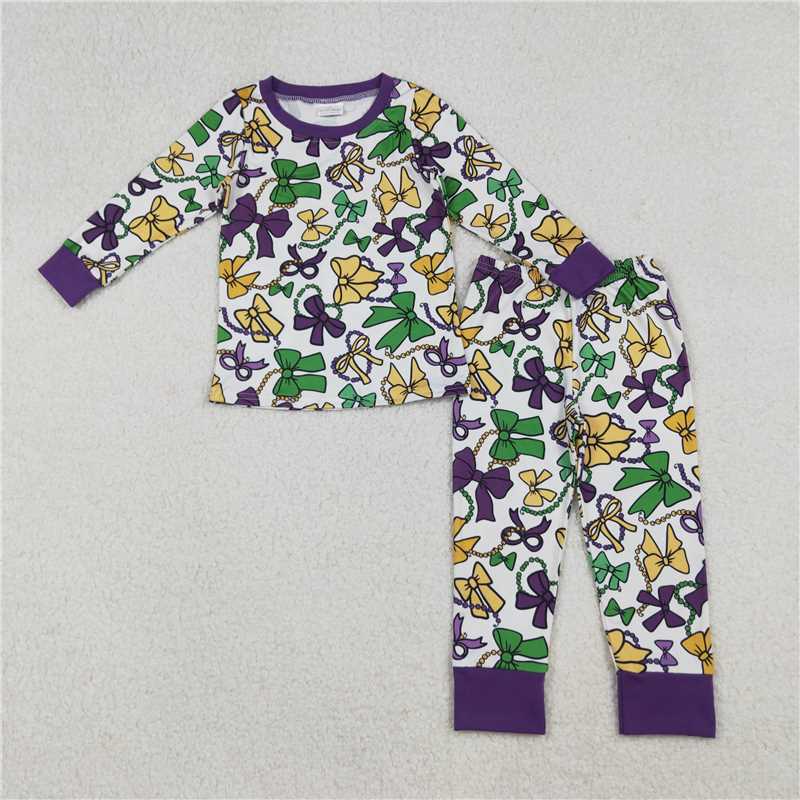 11.1 RTS NO MOQ （In stock）Matching Mardigras GLP2872 Baby Girls Mardigras Bows Masks Top Pants Pajamas Sets